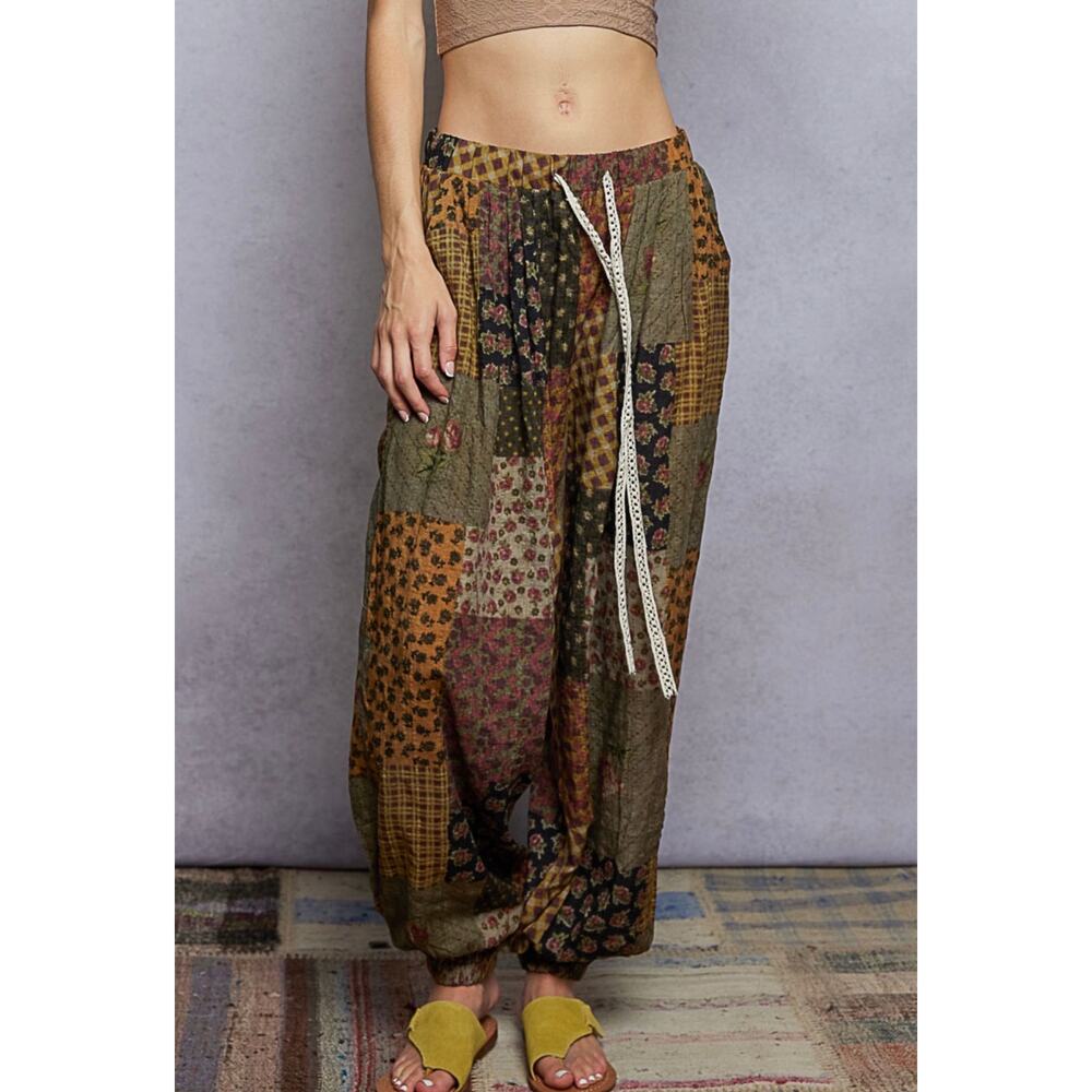 New!!! Pol patchwork print pants Boho Harem Pants Drawstring Waist